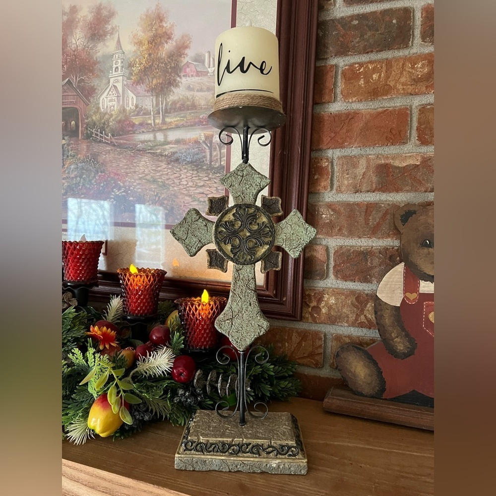 Rare Vintage 1989 Large Stone Rock Cross Candle Holder